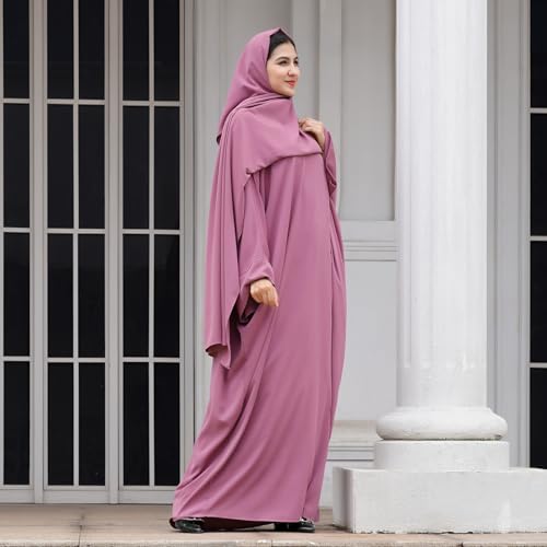 IDOPIP Abayas for Women Muslim Dress with Hijab, One-Piece Long Sleeve Islamic Prayer Dress with Khimar Jilbab Kaftan Clothes - color: Purple + Hijab