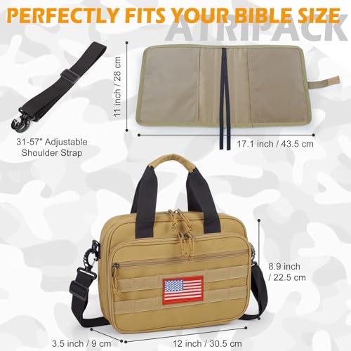 ATRIPACK Tactical Large Bible Cover for Men,Double Layer Bibles Bag With Detachable Book Carrying Case, Covers for Bible Organizer with Zippered Pockets,Church Case with Handle. - color: brown