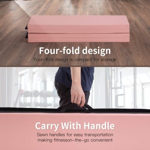 Folding Gymnastics and Exercise Mat - 6'x4'x2 Thick - PU Leather Tumbling Mat with Hook & Loop Fastener - Ideal for Gymnastics, Aerobics, Yoga, Cheerleading, Martial Arts - color: Pink