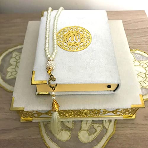Velvet Covered Quran and Pearl Tasbih in Wooden Decorative Box | Islamic Gift Set | Muslim Eid Ramadan Gift (White) - color: White
