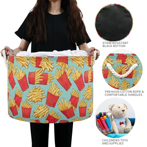 French Fries Pattern Toys Storage Bin with Cotton Rope Large Capacity Clothes Storage Baskets Laundry Hamper Holiday Ornament Box Organizer for Bedroom Bathroom Nursery