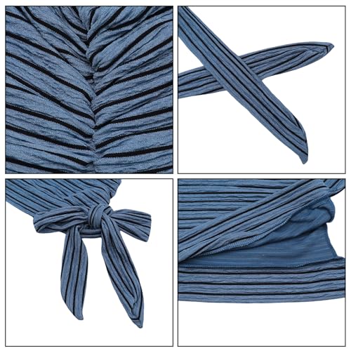 Suillty Women's Pre-Tied Muslim Hijab Bonnet Pleated Ruffle Turban Chemo Cap Underscarf Islamic Headwear - color: Blue Striped