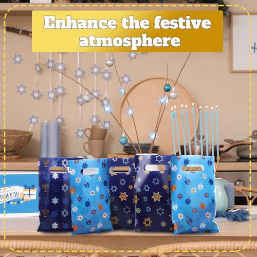 Geyoga 100 Pcs Eid Ul Fitr Gift Bags Ramadan Party Favor Bags Plastic Ramadan Blue Star of David Dreidel Treat Candy Bag with Handles for Eid Ul Fitr Party Supplies - style: Hanukkah