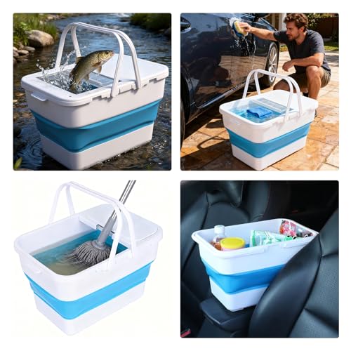 Collapsible Bucket,13 L Foldable Fish Bucket with Lockable Lid,Multifunctional Container for Live Fishing Lure,Collapsible Washing up Bowlfor Home & Car (Blue) - color: Blue