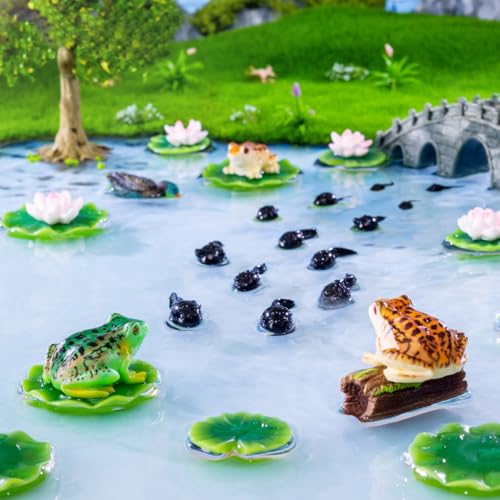 29Pcs Mini Artificial Pond Accessories Miniature Frog Tadpole Lotus and Water Lily Pad Figurines Resin Tiny Cake Toppers Decor for DIY Fairy Garden Bonsai Moss Landscape Aquarium Crafts