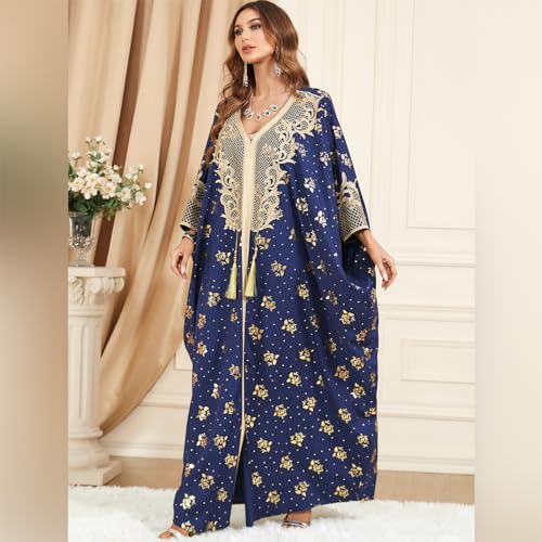 OBEEII Muslim Dress for Women Loose Batwing Sleeved Hooded Beaded Embroidery Long Abaya Dress Kaftan Abayas Islamic Robe - color: Blue-floral Embroidery