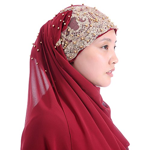 Lina & Lily Premium Chiffon Hijab Head Scarf Wrap with Gold Sequins Glitters Beads for Muslim Women - color: Dark Red