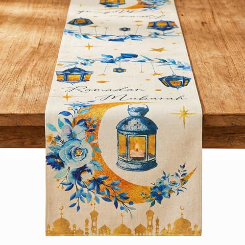 cnomg Eid Mubarak Table Runner Table Decorations 2 Pack Blue and Gold Holiday Kitchen Dining Table Runners with Moon Star and Lantern Flower for Home Party Decor 13 x 72 Inch