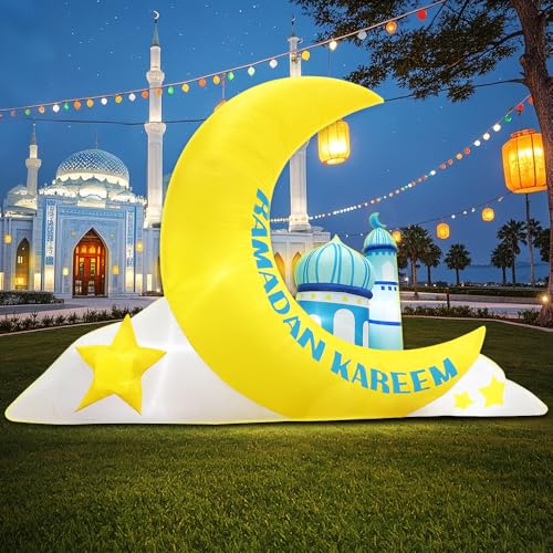 KOOY 7.8 FT Long Inflatable Ramadan Crescent Moon Decorations with Mosque & Star Blow Up Islamic Eid Decor Muslim Holiday Outdoor Decorations with LED Lighted