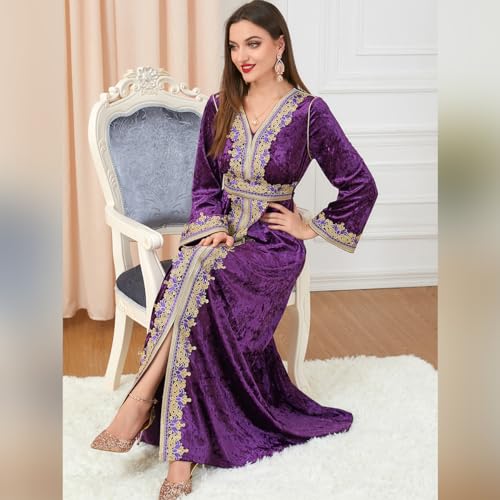 IDOPIP Muslim Women Velvet Dress Embroidery Abayas Long Sleeve V-Neck Moroccan Maxi Kaftan Dubai Robe Arabic Islamic Clothing - color: Purple, size: Medium