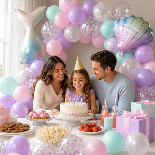 Mermaid Balloons, 12 Inch Pink Purple Balloons with Seashell Foil Balloons - color: Pink, size: 30PC