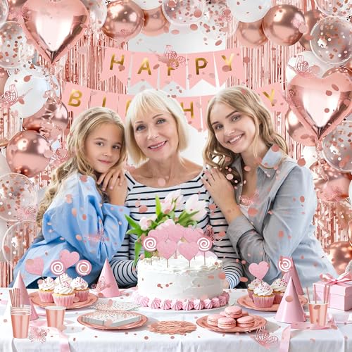 Rose Gold Butterfly Birthday Decorations Kit, All in One Pink Happy Birthday Banner Fringe Curtain Heart Foil Balloons Tableware Set, Girls Women Birthday Party Supplies Backdrop Decor - style: Sweet Rose Gold