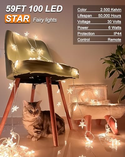 JOLYMOLY Star String Lights Plug in, 59 Ft 100 LED Star Fairy Lights with Remote Timer, Connectable Waterproof for Bedroom Wedding Party Indoor Outdoor Décor, Warm White