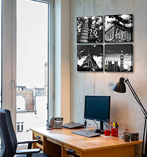 JiazuGo Black and White Building Wall Art for Living Room Contemporary European Famous Architecture Leaning Tower of Pisa Eiffel Parthenon London Elizabeth City Big Ben Canvas Pictures Paintings - color: Famous Buildings
