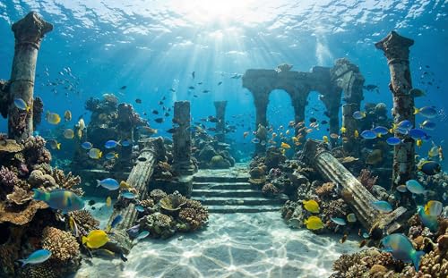 GLOGLOW Aquarium Poster, Underwater City Ruins Background Sticker Thicken PVC Adhesive Static Cling Backdrop Fish Decorative Paper(76×46cm) - size: 76×46cm