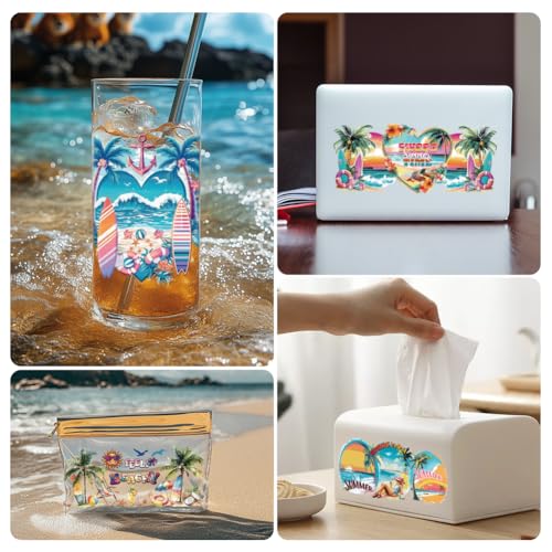arricraft 10 Pcs Colorful Summer Beach Theme Cup Printing UV Transfer Papers, 10 Styles Sandbeach Coconut Trees Sunset UV DTF Cup Wrap Stickers for 16 OZ Glass Cups Crafts 9.5x4.3inch - style: Summer Beach Theme