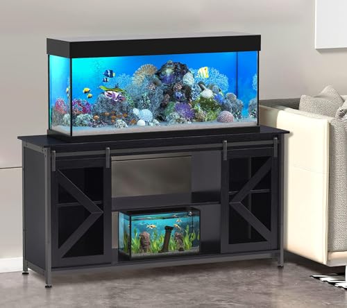 HRVEOCEI 80 Gallon Fish Tank Stand with Sliding Doors, Farmhouse Aquarium Stand with Storage Cabinet, Heavy Duty Fish Tank Table for Turtle Tanks Reptile, Adjustable Feets, 1000 LBS Capacity (Black) - color: Black
