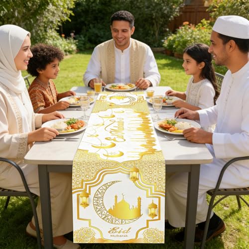 Ramadan Mosque Linen Table Runner: White and Gold Mosque Moon Tablerunner Muslim Eid Al-fitr Eid Mubarak Perfect for Ramadan Party Home Kitchen Dining Mantel 13×72Inches(1 Pcs) - color: Ramadan White