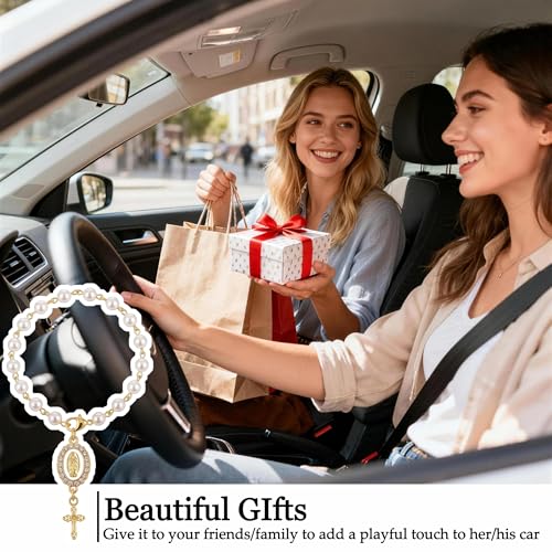 Car Rosary for Car, Steering Wheel Charm, Steering Wheel Rosary Charm with Virgin Mary & Cross, Cars Accessories for Rearview Mirror Protection Decor - style: A