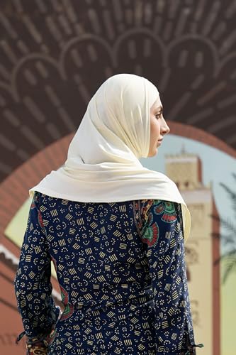 SARJANA Women's Solid Color Cotton Hijab with Under Scarf Cap Ready to Wear Stretch Scarves Long Scarfs FREE SIZE - color: Off-white