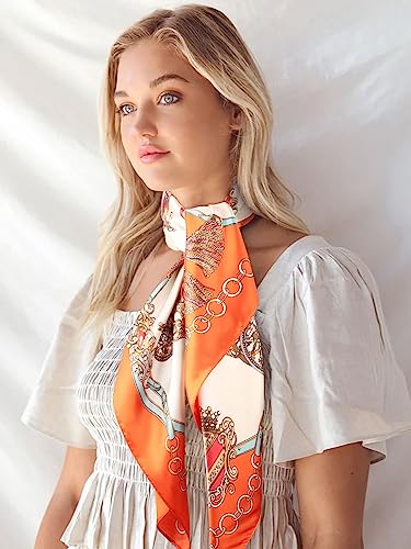 DRESHOW 35” Large Square Satin Head Scarf - 4Pcs Silk Accessories Classic Patterned Squares Beach Bandanas for Women - color: 4 Pcs Patterned: Pink, Orange, Blue, Navy Blue
