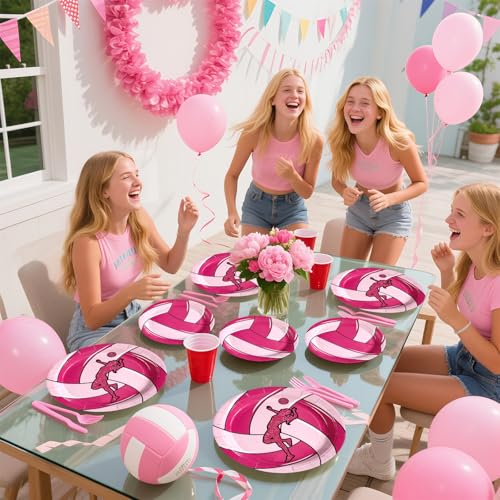 Grencian 96Pcs Pink Volleyball Party Supplies Volleyballs Paper Plates and Napkins Sports Birthday Party Disposable Tableware for Girl Volleyball Birthday Decorations Serves 24 - style: Pink Volleyball Party