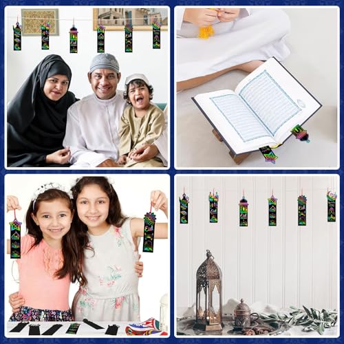 JUNEBRUSHS 30Pcs Ramadan Crafts, Rainbow Magic Ramadan Scratch Bookmarks for amadan Gifts Eid School Classroom Activities Ramadan Arts and Crafts Eid Party Favors - style: Ramadan Style