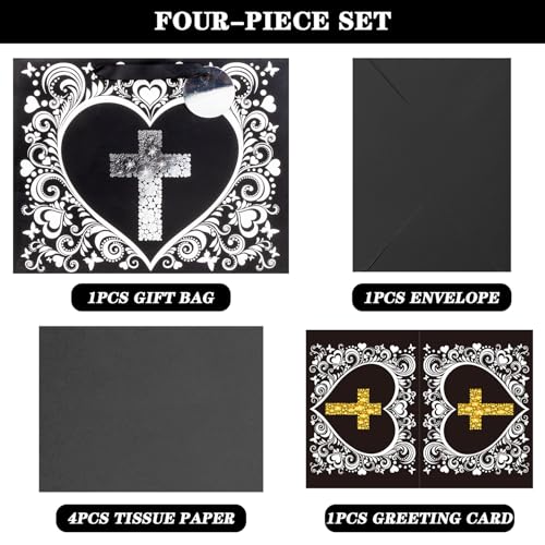 JWSCYSY 12.6" Large Black Gift Bag with Metallic Gold Floral Cross Design, Card and Tissue Paper for Baby Boy, Girl Baptisms, Christenings, First Communions Religious - color: Black 12.6"