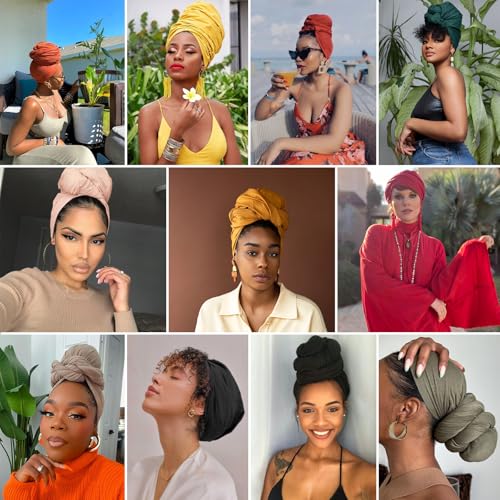 XTREND 4 Pieces Head Wrap Stretch Jersey Turban African Knit Fashion Headband Solid Colors Ultra Soft Breathable Head Scarf Stretchy Shawl Tie for Women (Black, Pink, Light Ha Tsing, Olive Green) - color: Black, Pink, Light Ha Tsing, Olive Green