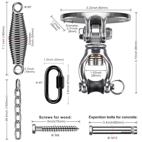 SELEWARE Hammock Chair Hanging Kit, Bearing Swing Hanger w/Spring & Chain | Stainless Steel 360° Swivel Swing Hooks, Ceiling Mount for Hanging Indoor Outdoor Swing Hammock Chair Yoga Silk Punching Bag - color: Bearing Swing Hanger With Chain & Conical Spr