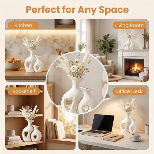 White Heart Vase Set of 2,Modern Vases for Home Console Table Decor for Living Room Coffee Table Fireplace Bookshelf Decorations(3.5" L x 4.4" W x 8.5" H)