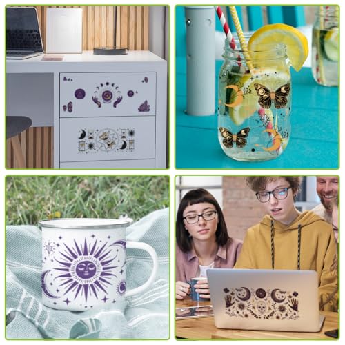 arricraft 10 Sheets Divination UV DTF Cup Wrap for 16OZ Glass, Moons Sun Skull Butterfly Rub on Decals PVC Transfer Stickers for DIY Cups Wood Funiture Magic Supplies - style: Divination Magic