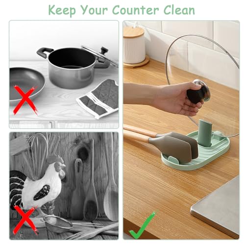 2PCS Spoon Rest with Pot Lid Holder, Stove Top Kitchen Utensil Rack | Green Multifunctional Pan Pot Cover Lid Rack Shelf Stand Holder