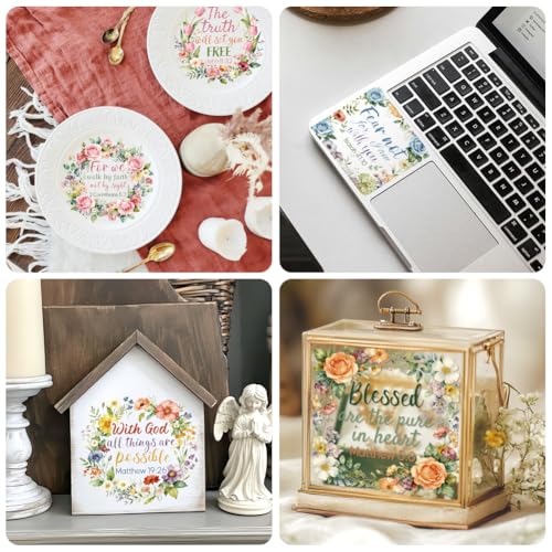 Peacoblue Bible Wreath Rub On Transfers for Craft, Transfer Sticker | 18 Sheets UV DTF Transfers, Waterproof Rub On Decals for Wood, Glass, Furniture, Tumblers & Home Decor Crafts - style: Christian Bible with Wreath