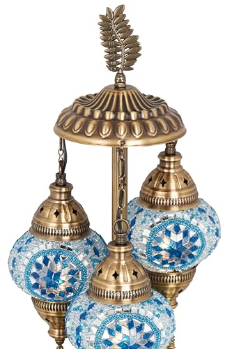 DEMMEX 3-Globe Turkish Moroccan Table Lamp, Tiffany Mosaic Glass Bedside Night Light, Handmade Colorful Mosaic Glass Globes & Antique Brass Finish Base, 21" H, Sky Blue & White - color: SkyBlue&White