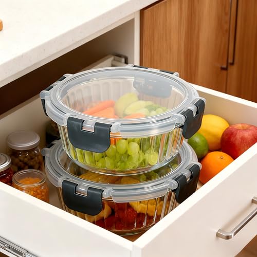 Glass Fluted Ombre grey Leak-Proof 6-Piece Set Food Storage Containers, Food Containers with Lids, Meal Prep Containers. (Round) - size: Round