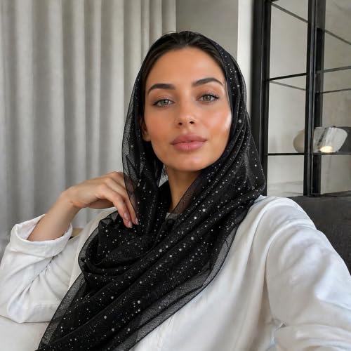 Sequin Scarf for Women Lightweight Mesh Shawl Wrap Bandana Hijab Headscarf for Summer Evening Dress - color: Black