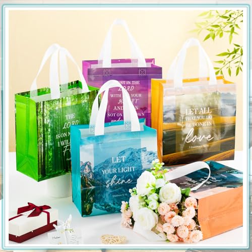 HunnmingRe 32 Pcs Christian Gift Bags Bulk,Reusable Scene Religious Bible Verse Tote with Handles Non Woven Scripture Pastor Blessing Gift for Baptism Church Wedding Favors - style: Scene