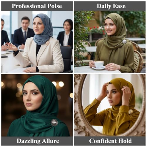 4 Pcs Rhinestone Metal Grip Hijab Pins, Strong No-Snag Fabric Fasteners for Scarves, Shawls, Muslim Cover, Alloy Gold Silver Rose Black Decorative Brooches