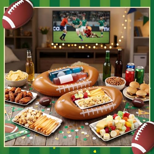 4 Pack Football Inflatable Cooler with Steel Tray Serving | Chilled Buffet for Shrimp Cocktail, BBQ Picnic Ice Bin, Game Day Gathering Decor, Outdoor Sports Theme Events - style: Rugby