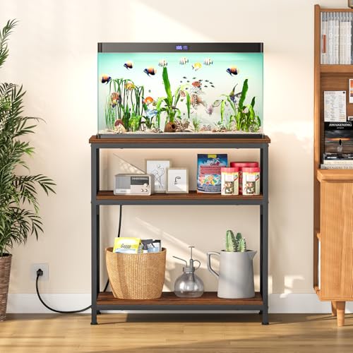 Snughome 29 Gallon Aquarium Stand with Charging Station, Heavy Duty Fish Tank Stand with Storage Cabinet, Metal Aquarium Stand Fits 20 Long, 29 & 30 Gallon Tanks, 350 LBS Capacity, Rustic Brown - color: Brown With Outlet, size: 29 Gallon