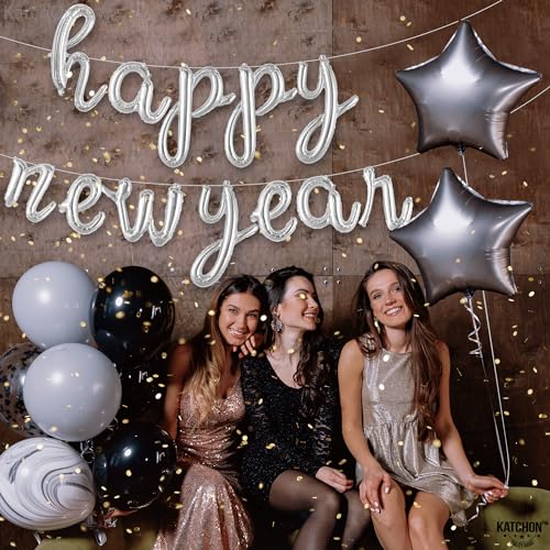 KatchOn, Pack of 15, 3D Gold Star Garland Decorations | Star Hanging Decorations for New Years Decorations 2026 with Silver Happy New Years Balloons | Happy New Year Eve Balloons for NYE Decor