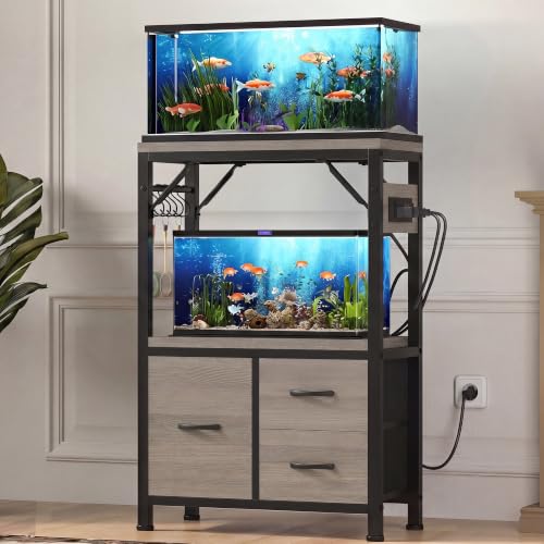 Heybly 5-10 Gallon Fish Tank Stand, Aquarium Stand with Drawer, Power Outlet, Heavy Duty Metal Frame, for Fish Tank, Turtle & Reptile Terrarium, 20.5" × 10.2" Top, 200lbs, Rustic Gray HAS002SSG-1 - color: Greige, size: 5-10 gal