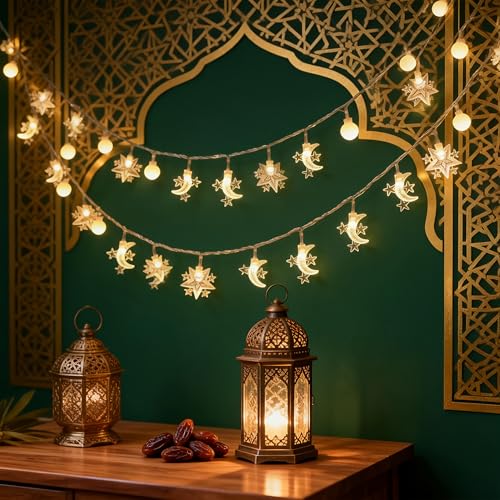 Led Fairy Lights, LED String Lights Adorned with Ramadan Stars, Moons for Bedroom, Christmas, Parties, Wedding, Centerpiece, Decoration (3m/9.8ft Warm White)