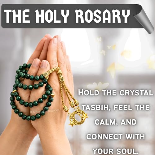 Amazing Gemstone Crystal Tasbeeh with Moon and Star Charm - Certified Crystal Muslim Prayer Beads Natural Gemstone Tasbih Gift for Ramadan Dhikr and Daily Namaz (G) - color: Green Goldstone