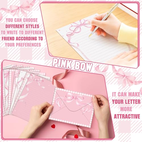 TaoBary 160 Pcs Pink Bow Stationery Paper Set for Girls with Stationery Letter and Envelopes 50 Double Sided Papers with 50 Matching Envelopes and 60 Round Dot Sticker 10 Design (5.5 x 8.25 Inch) - size: 8.25 x 5.5 Inch, style: Pink Bow