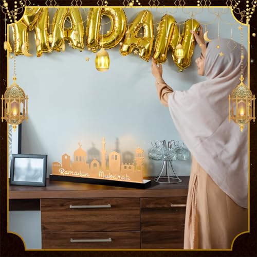 MorningRo Ramadan Mubarak Decorations Islamic Candle Holder with 5 Tea Candles Eid Mubarak Metal Sign with Wood Base Ramadan Kareem Table Centerpieces Eid Al Fitr Muslim Party Gifts - style: Classic
