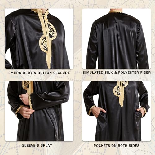 zhxinashu Thobe for Men Islam Long Sleeve Mens Kaftan Thobe Muslim Men Clothing - color: Black, size: 3X-Large