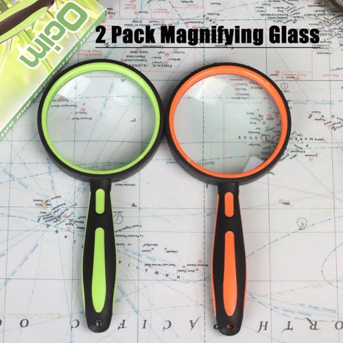 Ocim 2 Pack Magnifying Glass,75mm 10X Handheld Shatterproof Magnifier Lens with Non-Slip Rubber Handle for Seniors/Kids Reading & Science/Explore,Large