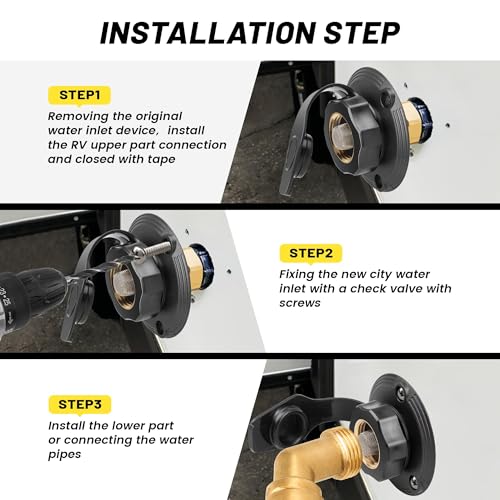 RV City Water Inlet with Check Valve, Lead-free Brass RV Fresh Water Inlet 3/4 NH Female to 1/2 NPT Male Connection, Water Fill Inlet Flange Replacement for Camper Trailer Motorhome Marine